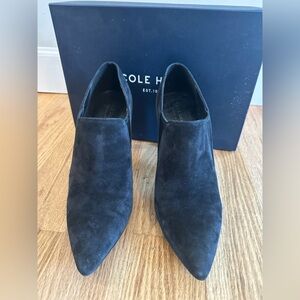 Cole Haan black suede HH booties. Slip-in elastic at arch for ease in -out.